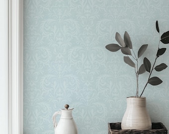 Powder Blue Damask Wallpaper: Ornate Shabby Chic Peel and Stick