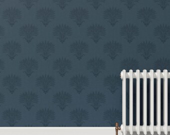 Navy Blue Wheat Damask Wallpaper, Moody Dark Botanical Design for Modern Farmhouse Dining Room Wall Decor