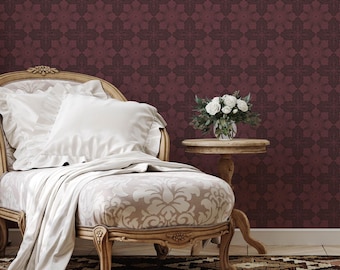 Mörk vinröd damask tapet: Moody Gothic eller Dark Academia-stil, självhäftande, förklistrad