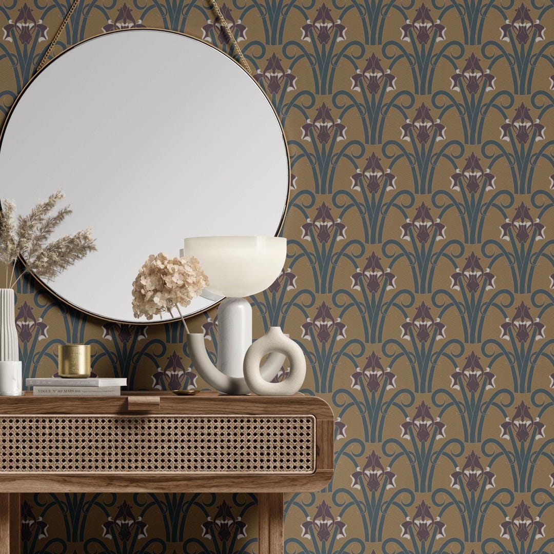 Moody Art Nouveau Wallpaper, Antique Victorian Iris Floral Wall Decor ...