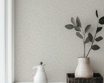 Neutral Taupe Botanical Leaf Wallpaper: Calming Organic Peel and Stick, Pre-pasted