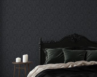 Black Victorian Damask Wallpaper: Moody Gothic Baroque Peel and Stick, Pre-pasted