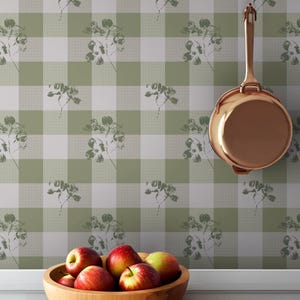 Papier peint botanique à carreaux vichy vert clair pour décoration d'intérieur de ferme champêtre
