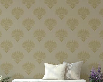 Antique Gold Wheat Damask Wallpaper, Rustic Farmhouse Kitchen Wall Decor in Warm Honey Tones
