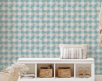Turquoise Gingham Floral Botanical Wallpaper for Vintage Country Farmhouse Wall Decor