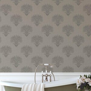 Rustykalna tapeta z motywem botanicznym pszenicy w neutralnym odcieniu taupe, dekoracja ścienna do kuchni w stylu rustykalnym