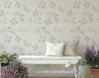 Warm Beige Neutral Floral Wallpaper for a French Country Cottage Accent Wall