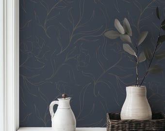 Dark Navy Blue Floral Wallpaper with a Moody Minimalist Floral Design, Modern Peel and Stick