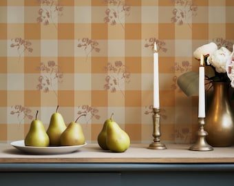 Rustic Orange Buffalo Check Floral Wallpaper for a Warm and Cozy Cabin-core Style