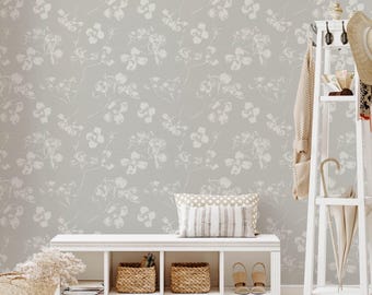 Warm Gray Floral Wallpaper for a Neutral Organic Modern Accent Wall