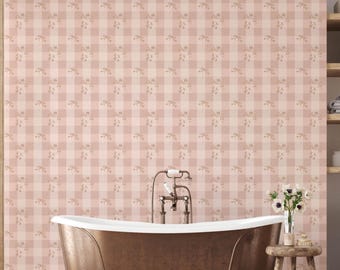 Dusty Pink Gingham Floral Wallpaper for a Checkered Nursery Wall or Preppy Girl's Room