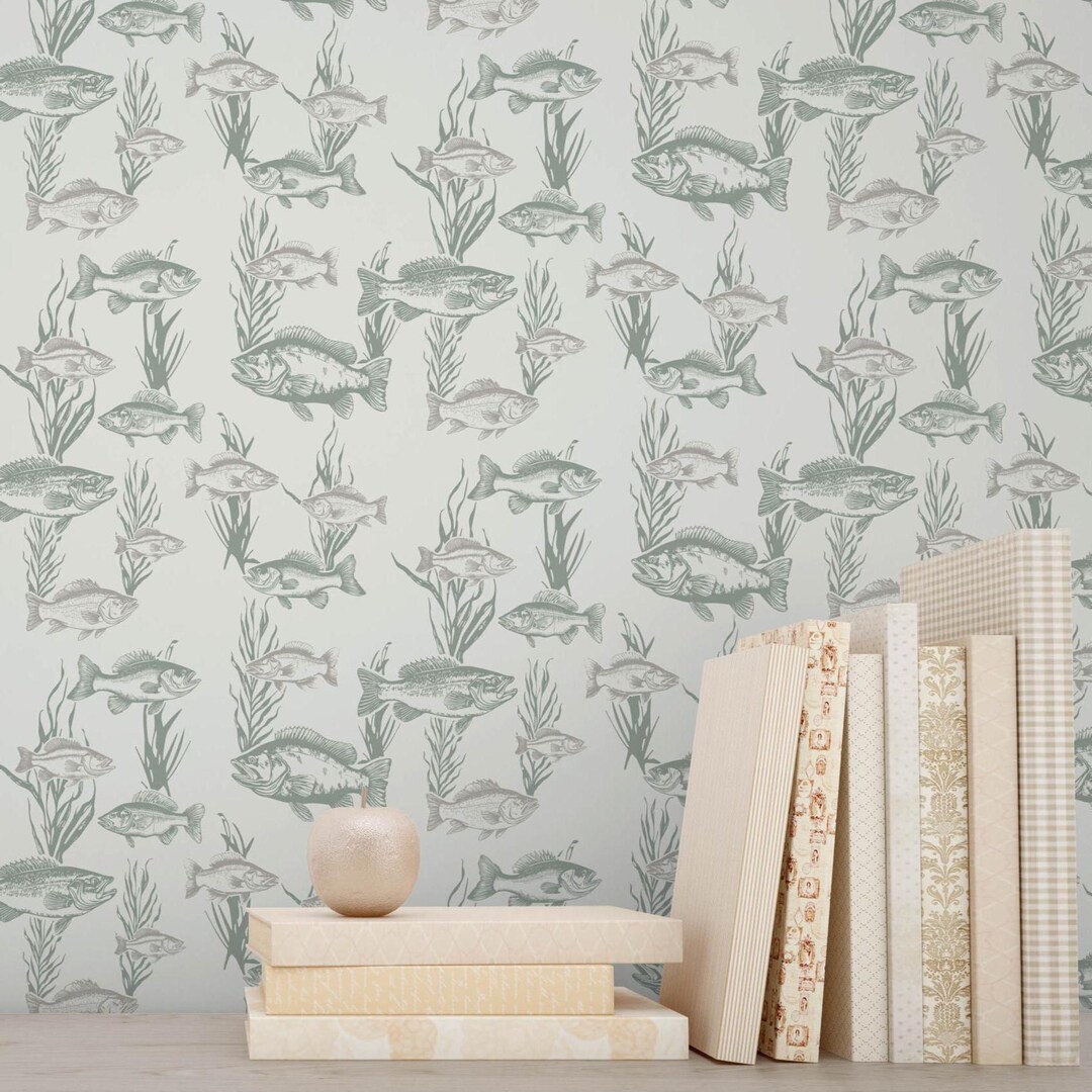 Fish Neutral Neutral Green Fish Toile Wallpaper: Fishing Themed Peel and Stick, Pre ...