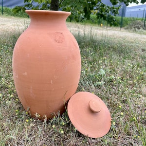 Può includere: Un grande vaso di terracotta non smaltata con coperchio abbinato, appoggiato sull'erba. Il vaso ha una base larga, un corpo arrotondato e un collo stretto. Un emblema circolare è visibile vicino alla sommità. Il coperchio è rotondo con un piccolo pomello.
