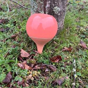 Può includere: Un ornamento da giardino sferico color corallo con una base color terracotta. La parte superiore rotonda è lucida e riflette l'ambiente circostante. L'ornamento è posto in un letto di erba verde e foglie cadute, vicino a un tronco d'albero.