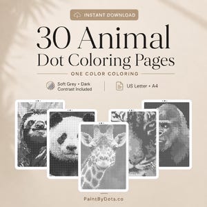 Animal Dot Coloring Pages Printable | One Color Instant Download | Relaxing Monochrome Coloring Book for Adults & Teens