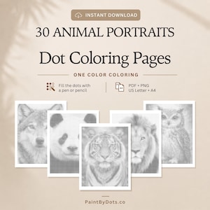 Dierenportretten stippelschilderij, 30 printbare pagina's, leeuw tijger panda wolf uil, mindful hobby voor volwassenen, PDF PNG download