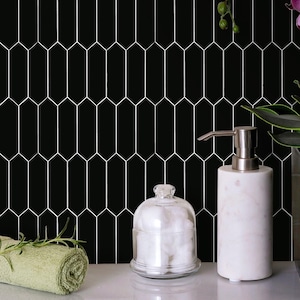 10-Sheet Black Long Hexagon Peel and Stick Backsplash Tile, Stone Composite Picket Wall Mosaic Tile
