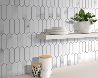 Carrara White Stone Composite Peel and Stick Long Hexagon Tile