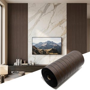 May include: A roll of dark brown wood-look wall paneling featuring vertical slats. The material has a realistic wood grain texture and is shown in a cylindrical coil, displaying the repeating pattern of the individual slats across its surface.