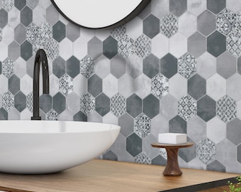 Hexagon peel and stick backplash for kitchen, bathroom, fireplace. Gray decorative wall tile