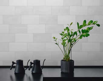 May include: Two matte black gooseneck kettles with slender spouts and a green ZZ plant in a dark, vertically ribbed cylindrical pot. The items are arranged on a flat black surface against a wall of light gray rectangular subway tiles.