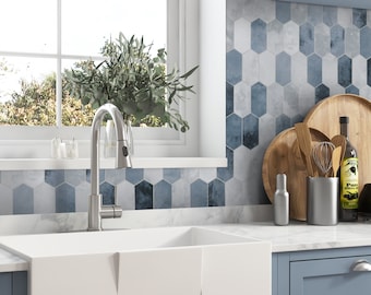 10-Sheet Long Hexagon Peel and Stick Backsplash, Stone Composite Stick On Decorative Mosaic Tiles for Kitchen, Bathroom, Shower