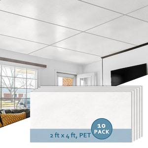 May include: A stack of ten white ceiling tiles, each measuring 2 feet by 4 feet, made of PET material. The tiles have a textured surface and are displayed against a backdrop of a room with a white ceiling and windows.