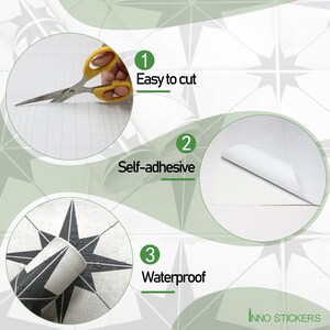 May include: A close-up of a white sticker sheet with a compass design. The sticker sheet is easy to cut, self-adhesive, and waterproof. The image shows a pair of scissors cutting the sticker sheet, a close-up of the adhesive backing, and a sticker applied to a surface.