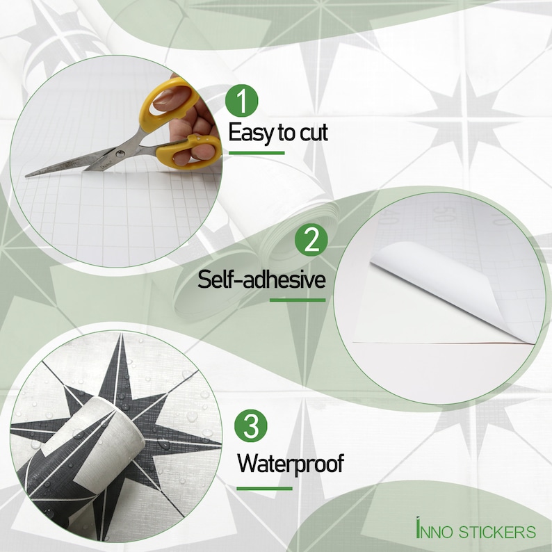 May include: A close-up of a white sticker sheet with a compass design. The sticker sheet is easy to cut, self-adhesive, and waterproof. The image shows a pair of scissors cutting the sticker sheet, a close-up of the adhesive backing, and a sticker applied to a surface.