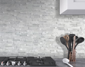 5-Sheet Natural Marble Peel and Stick Backsplash, Interlocking 3D Stone Wall Mosaic Tile, Stick on Backsplash for Kitchen Bathroom Fireplace