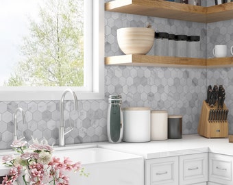 Carrara White Hexagon Peel and Stick Backsplash Tiles, Stone Composite (10-Sheet)