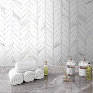 10-Sheet Leaf Waterjet Peel and Stick Backplash for Kitchen Bathroom Fireplace, White Stone Composite Decorative Wall Mosaic Tile