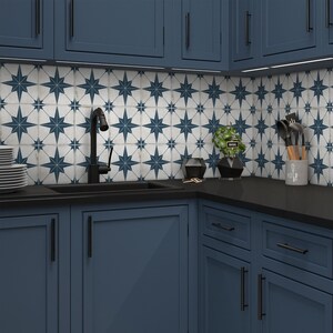 May include: A kitchen with blue cabinets and black countertops. The backsplash is white tile with a blue star pattern. A black faucet is mounted above a black sink. There is a small plant in a pot on the counter.