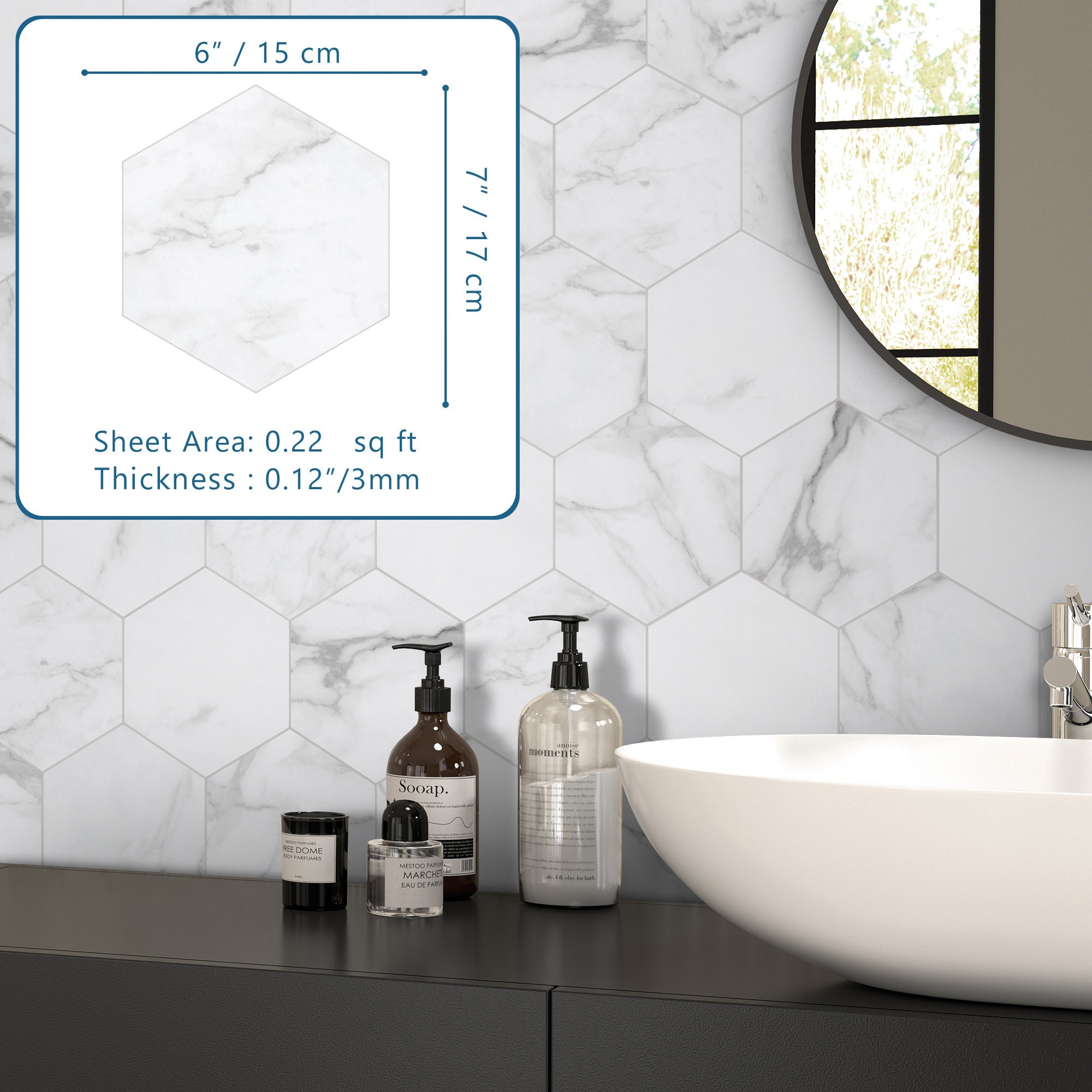 Marble Hexagon Peel and Stick Backsplash Wall Tile for Kitchen Bathroom ...