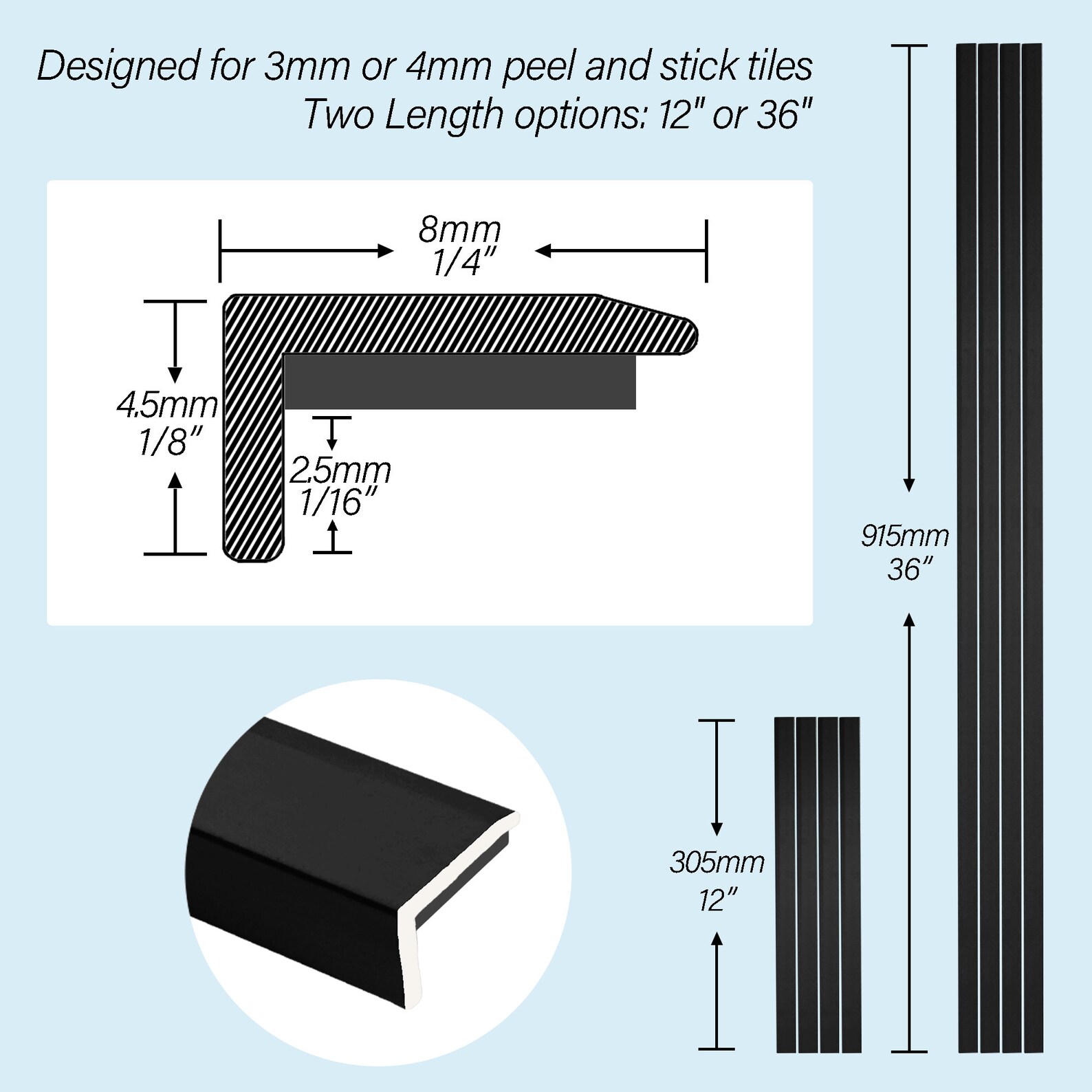 Aluminium Peel and Stick Backsplash Trims, 12in. and 36 In. Black, Grey