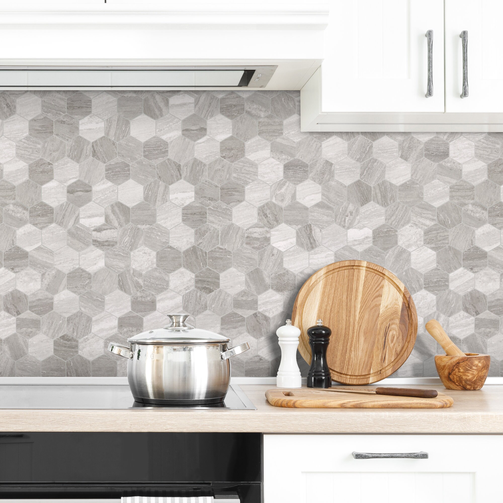 Hexagon Peel and Stick Backplash for Kitchen, Bathroom, Fireplace. Gray ...
