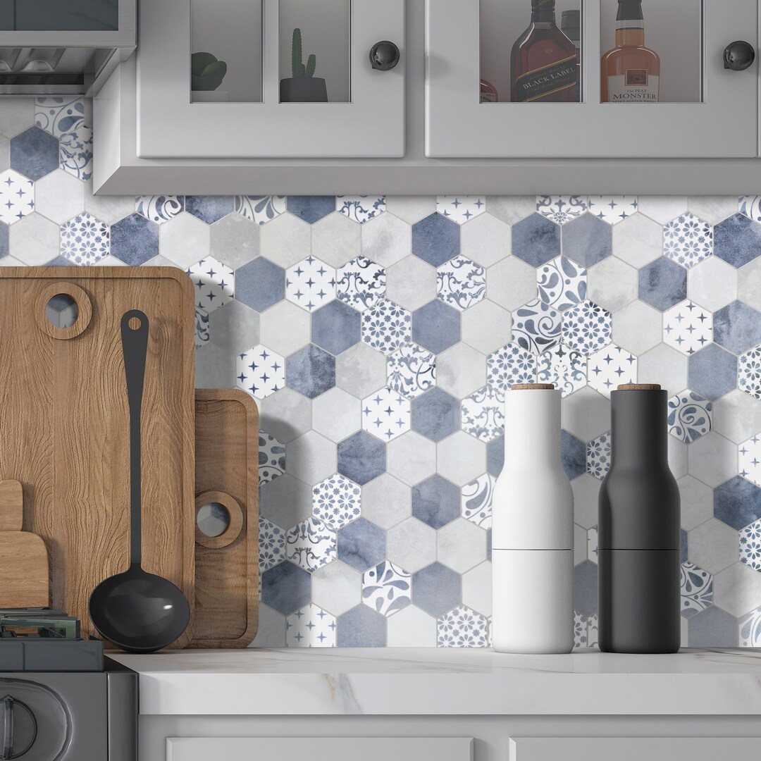 Blue Hexagon Peel and Stick Backsplash Tile, Stone Composite, Vintage ...