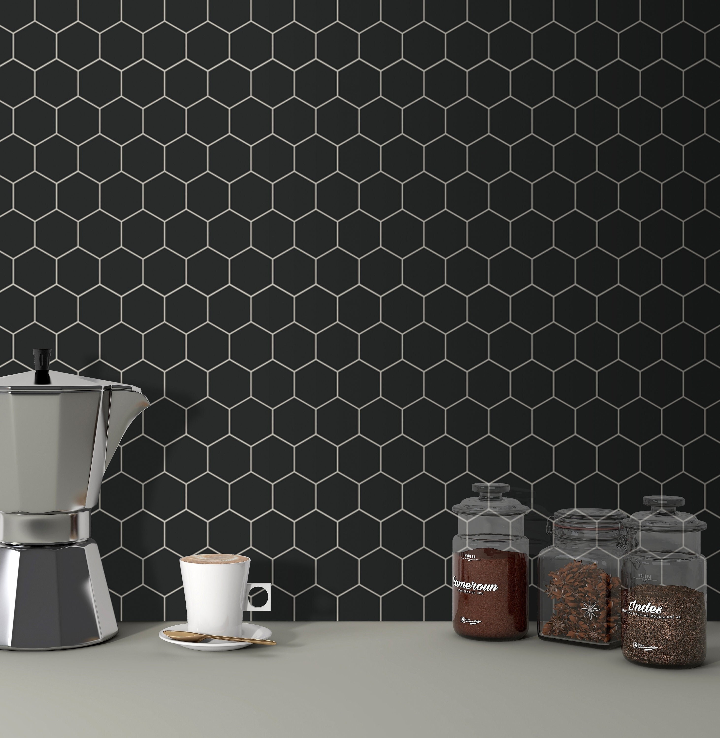 Black Hexagon Peel and Stick Backsplash Tiles, Stone Composite (10