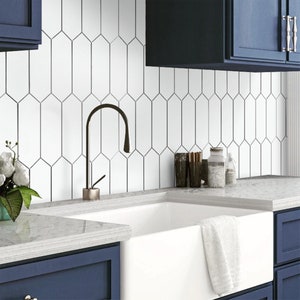 Long Hexagon peel and stick backsplash for kitchen, bathroom, fireplace. White decorative wall tile