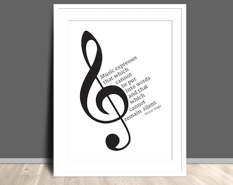 Victor Hugo Music Expresses Quote Art Poster, Treble Clef Design, Black and White, Home Office Decor, Music Lovers Gift, Literary Wall Art