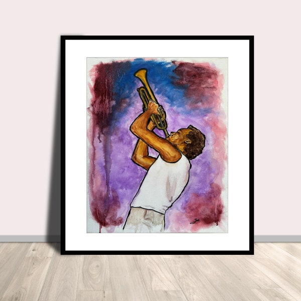 Kind of Blue Acrylic Painting Print Jazz Trumpet Player Miles Davis Inspired Poster, Blue, Big Band, Music Lover Gift, Purple, Red, Wall Art
