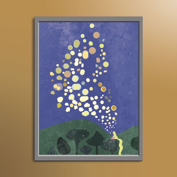 Tangled Lantern Painting Art Print, Rapunzel Tower Art, Disney Illustration Poster