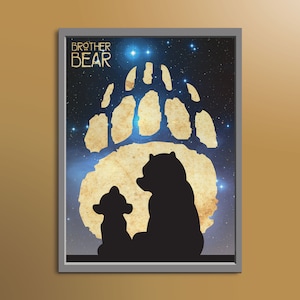 Impresión inspirada en el Hermano Oso, arte de cielo estrellado, pata de oso, siluetas de personajes, homenaje a una película animada, arte de pared para el hogar y la oficina para amantes del cine.