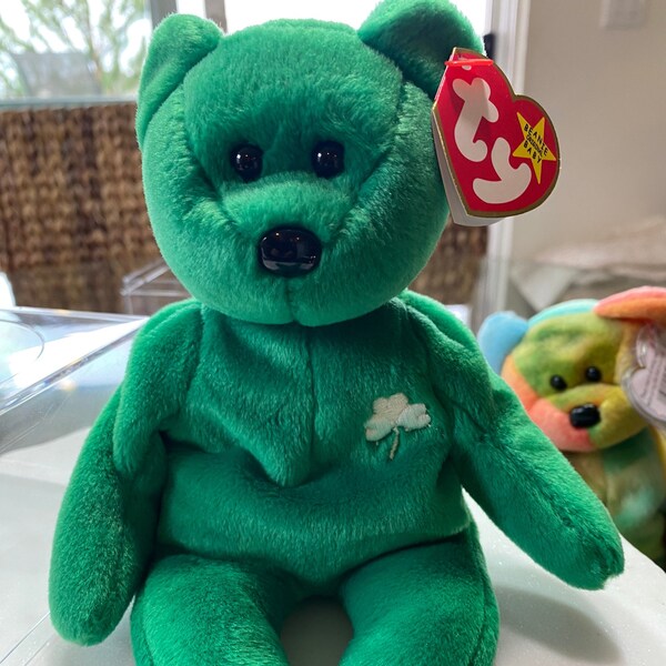 RARE Ty Beanie Baby Toy Erin the Bear in Perfect Condition Like New. Comes with Display Case and Hang Tag Cover 2 Available