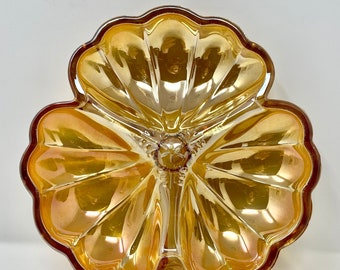 Vintage Marigold Carnival Glass Clover Dish: Iridescent Trinket Candy Dish