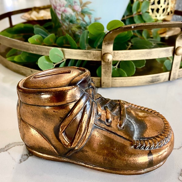 Vintage Copper Bronzed Metal Baby Shoe Bank Metal Plate Twist Off Opening to Retrieve Coins Baby Shower Gift New Mom Gift