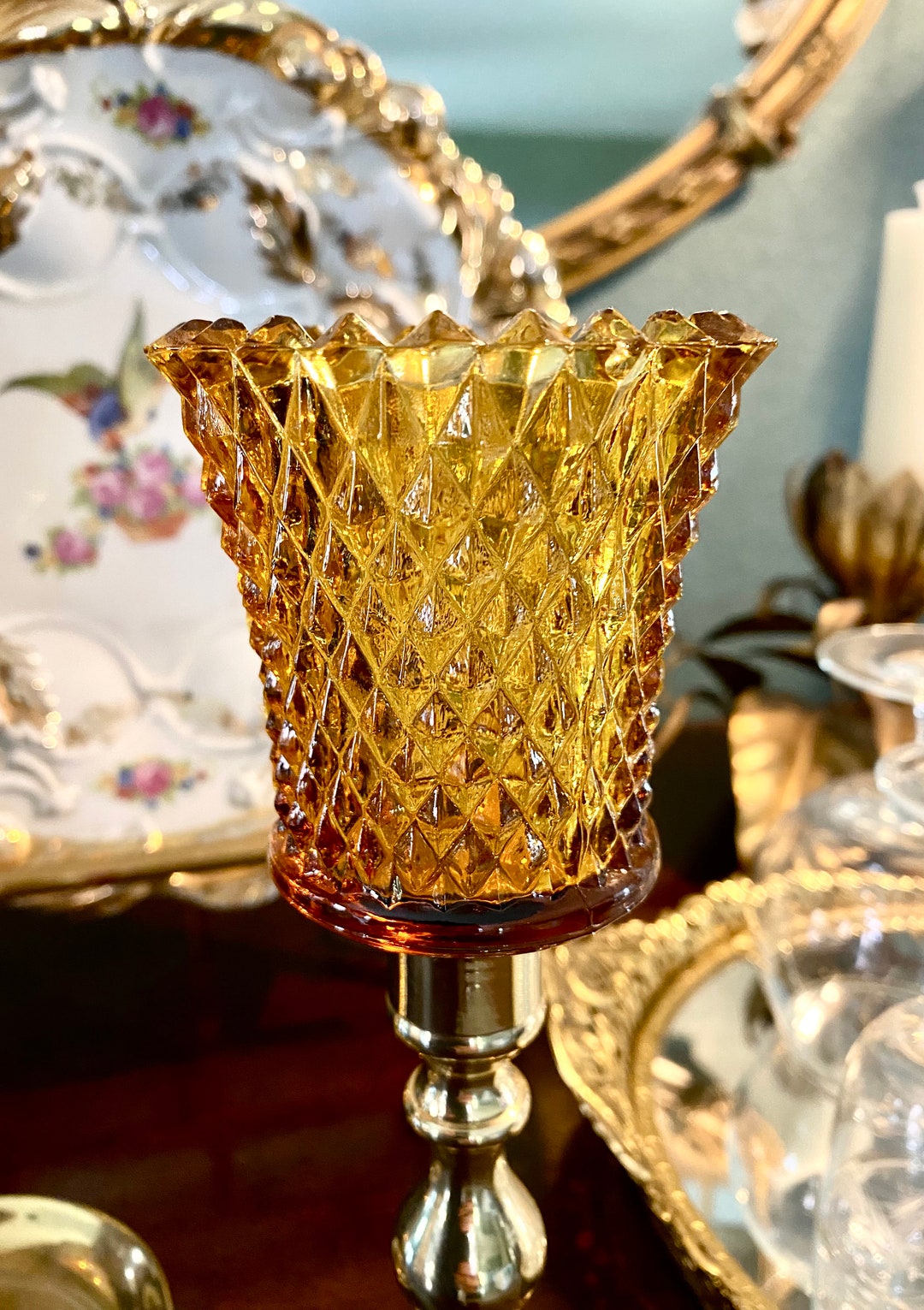 Vintage Glass Votive Holders Amber Diamond Cut Pegged Votive Holders Etsy