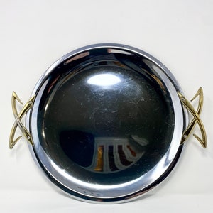 Kromex 13 inch Round Serving Tray Platter with Decorative Gold Metal Handles Stainless Steel Mid Century Modern Decor