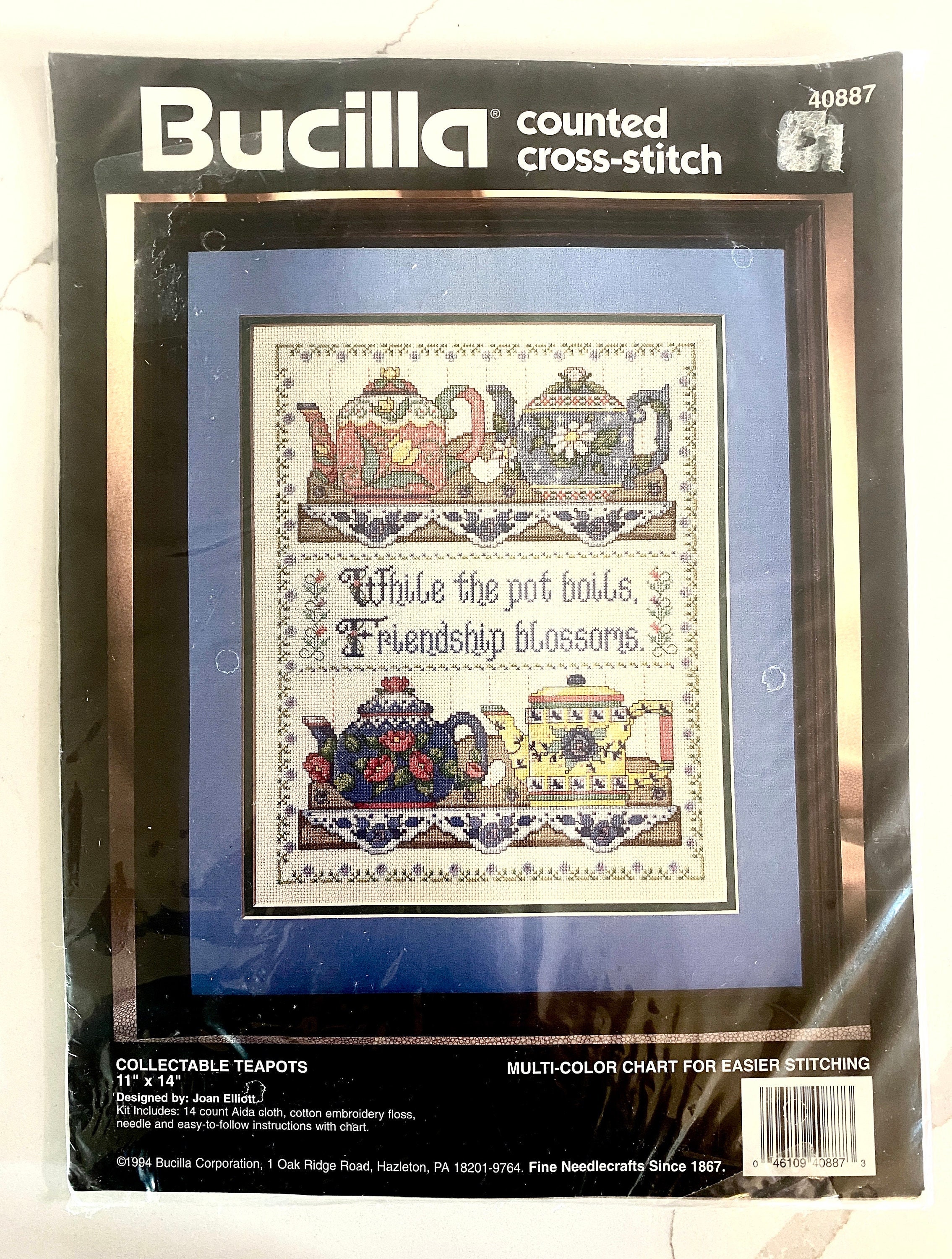 Bucilla Vintage Collectable Teapots Counted Cross Stitch Kit 40887 11 x 14 New Sealed 1994