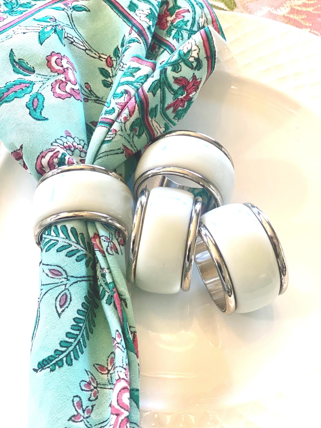 ヴィンテージ シルバーメッキ 磁器 ナプキンリング - 4個セット - Etsy